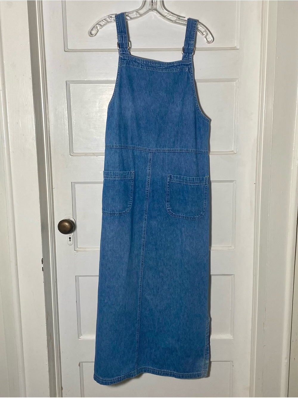 VTG Style&co. Denim Overall Maxi Dress Blue Sleeveless Pockets Size 8 90s